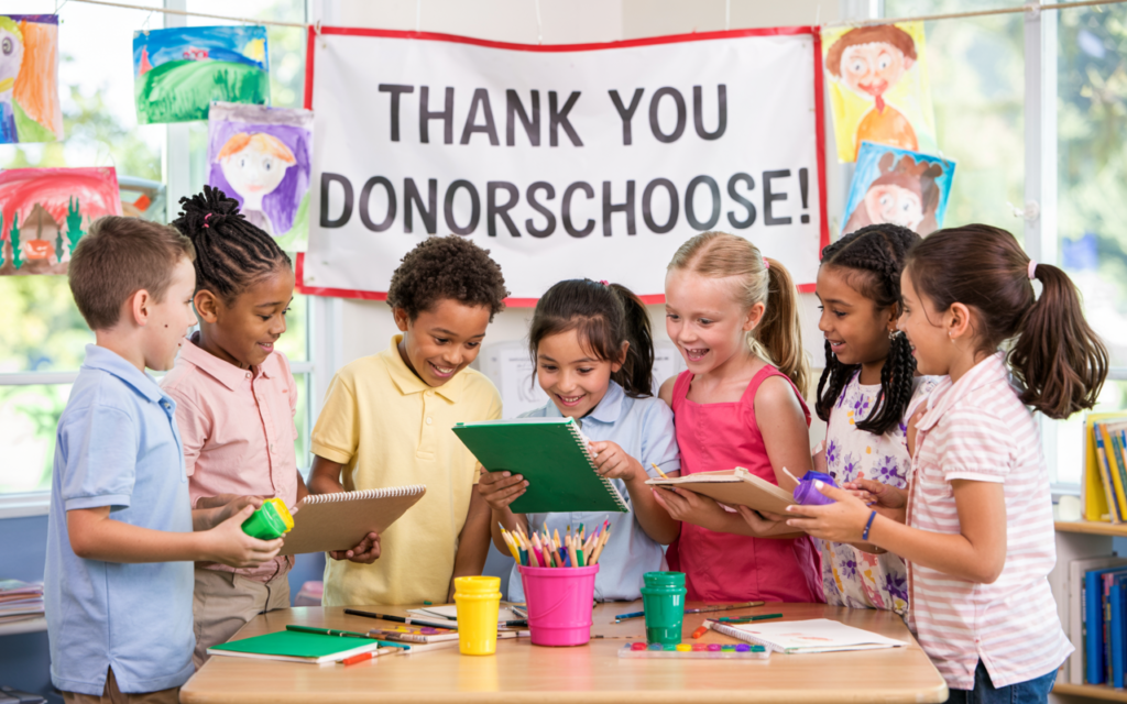A diverse group of children excitedly gather around a table with school supplies. A banner reading Thank You DonorsChoose! is in the background. The setting appears to be a classroom with colorful artwork on the walls.