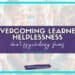 Image with a blurred background of smiling children sitting in a circle. Foreground text reads: Overcoming Learned Helplessness: What Psychology Shows with a website link studentcenteredworld.com.