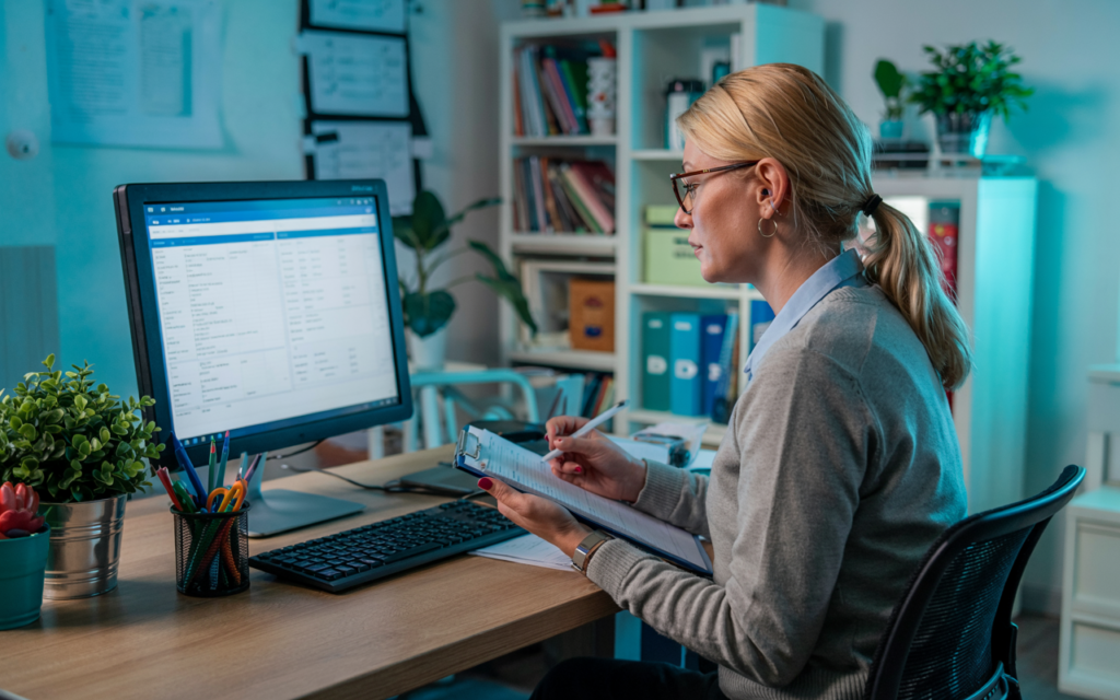 A woman with blonde hair sits at a desk in an office, looking at a computer screen while holding papers on a clipboard. The desk has plants, pens, and a keyboard. Shelves and binders are visible in the background.
