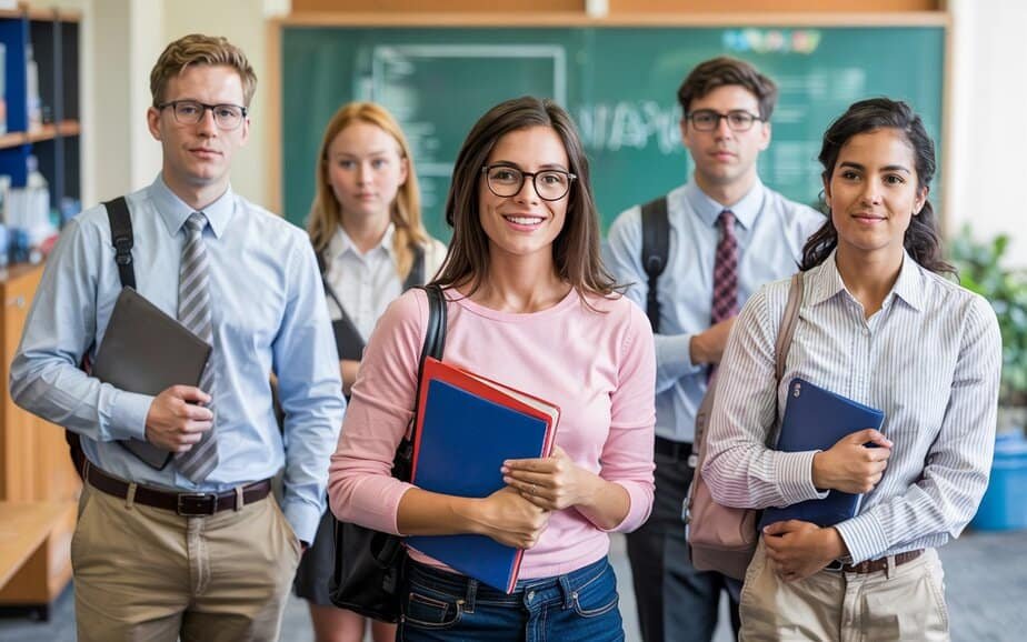 Five young adults stand together in a classroom, holding notebooks and folders, smiling at the camera. A chalkboard and bookshelves are visible in the background.