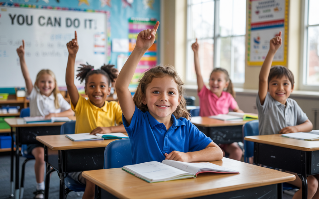 Five elementary school children in a classroom raising their hands eagerly, smiling as they sit at desks with open books. The background shows motivational posters and colorful decor, suggesting an engaging learning environment and overcoming learned helplessness.