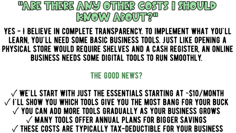 Text explains that online businesses need some basic digital tools, starting at about $10 per month, and emphasizes choosing cost-effective options that are often tax-deductible. Key points include starting small and scaling up.