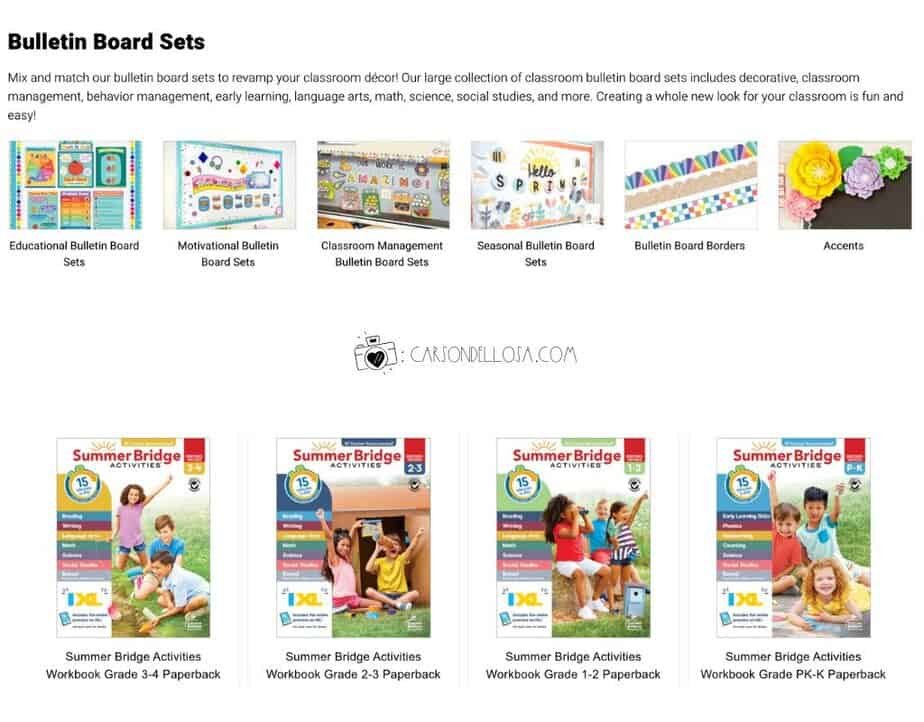 A webpage displays bulletin board sets for classrooms, including options for education, motivation, and seasons, plus accents. Below are Summer Bridge Activities workbooks for grades PK-K, 1-2, and 3-4.