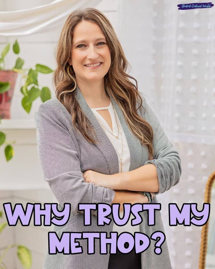 A woman with long brown hair stands smiling with arms crossed. She is wearing a blazer and blouse. Purple text at the bottom reads “WHY TRUST MY METHOD?” White curtains and green plants are in the background.