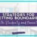 A teacher stands in a classroom wearing a mask. Text overlay reads: “Strategies for Setting Boundaries with Students and Parents,” with “studentcenteredworld.com” below.
