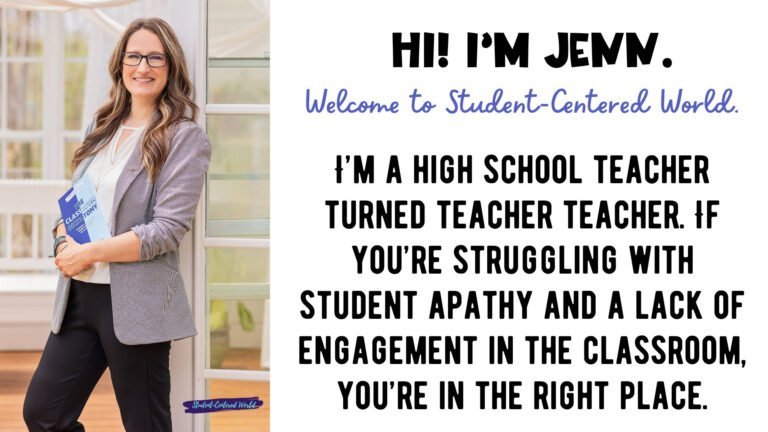 A smiling woman in glasses and business attire stands by a window holding her book. Text introduces her as Jenn, a high school teacher helping others address student apathy and engagement issues in classrooms.