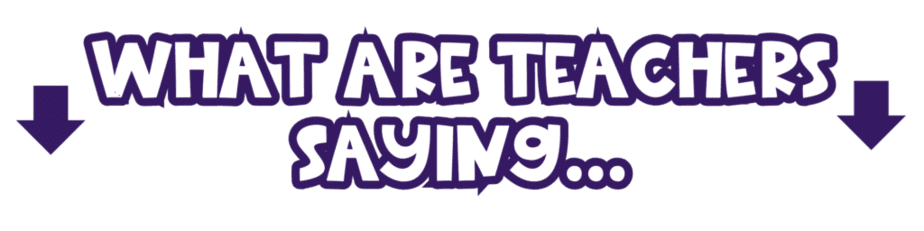 Text reads “WHAT ARE TEACHERS SAYING…” in bold, playful, purple letters with a white outline. Two large, black arrows point downward on either side of the text.