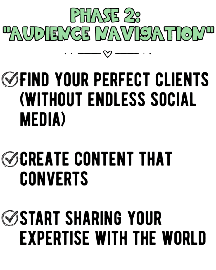 A graphic titled “Phase 2: Audience Navigation” lists three steps with checkmarks: find your perfect clients (without endless social media), create content that converts, and start sharing your expertise with the world.