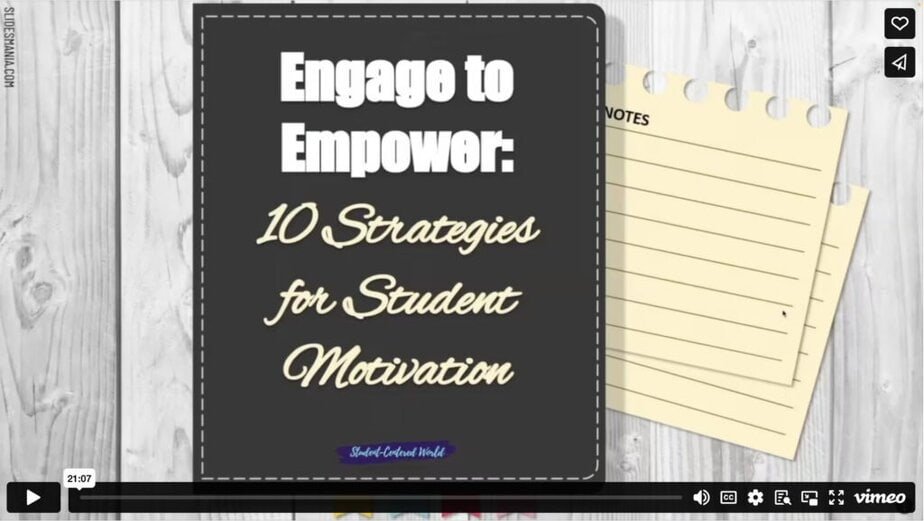 A presentation slide titled Engage to Empower: 10 Strategies for Student Motivation appears on a dark background with stitched edges, next to a yellow notepad labeled NOTES on a wooden surface.