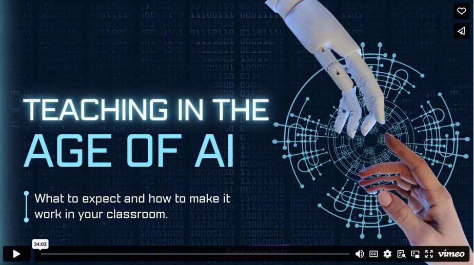 A robotic hand and a human hand reach toward each other over digital circuitry. The text reads, Teaching in the Age of AI: What to expect and how to make it work in your classroom.