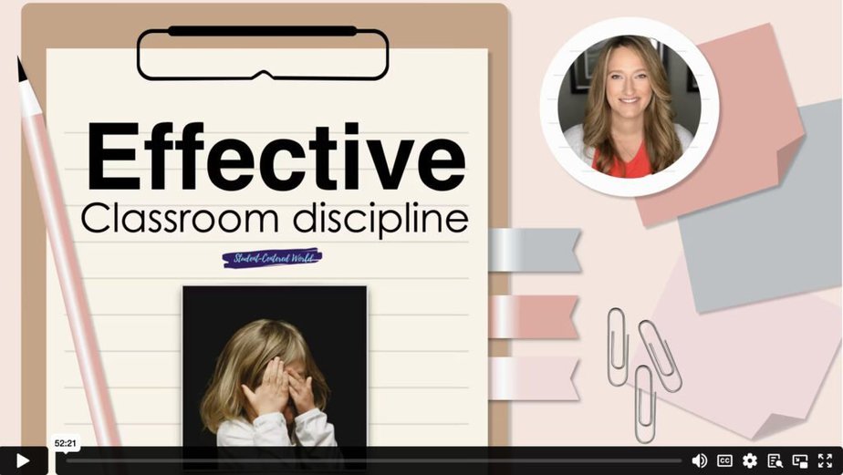 A presentation slide titled Effective Classroom Discipline features a clipboard, a small photo of a woman smiling, a child covering their face, and decorative paper clips and bookmarks.