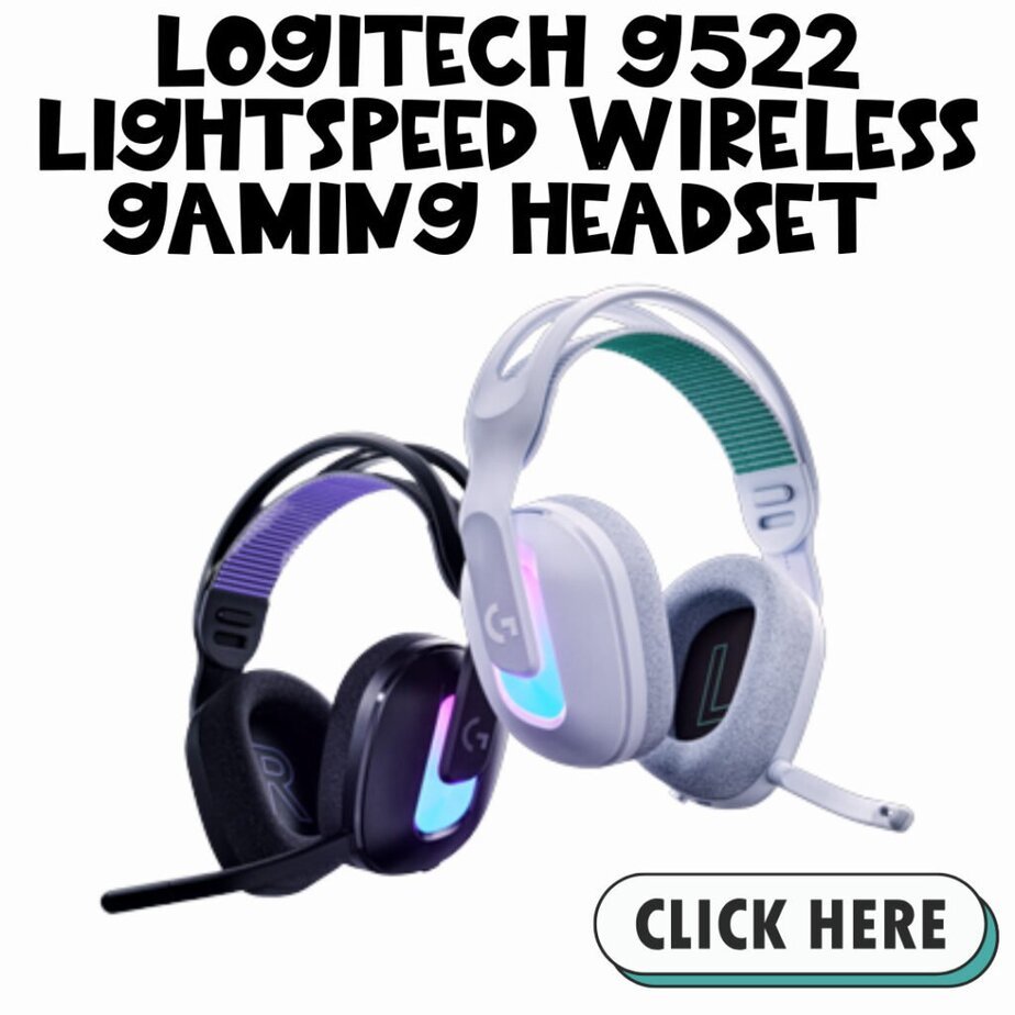 Two Logitech G522 Lightspeed wireless gaming headsets, one black and one white, are displayed with glowing LED earcups. Above them is bold text naming the product, and a Click Here button is at the bottom right.
