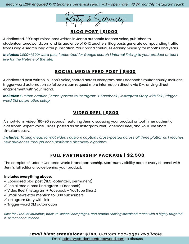 A digital flyer details rates and services for blog posts, social media, video reels, and partnership content, with pricing, descriptions, and contact information in a blue and white layout.