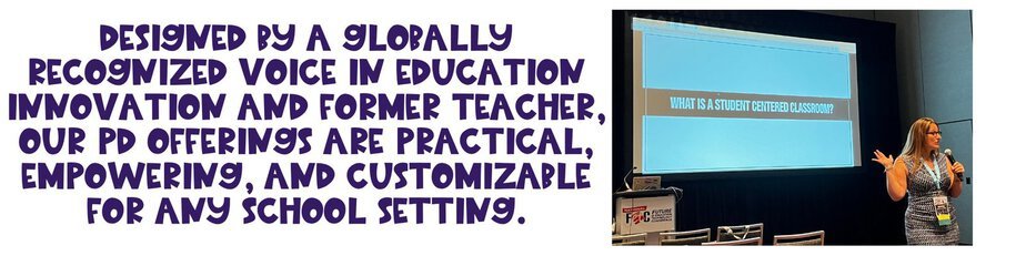 A woman stands and speaks in front of a screen displaying the text WHY IS AI DISTRICT CENTERED AND SUSTAINABLE? Next to her is a bold statement about practical, customizable PD offerings for schools.