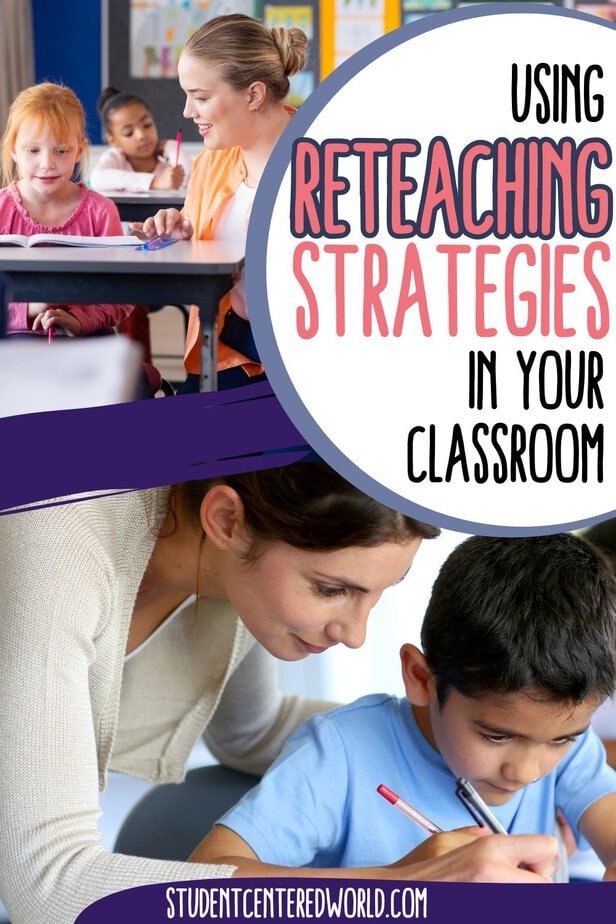 A teacher helps a young student with schoolwork at his desk while two other students work nearby. Text reads: Using reteaching strategies in your classroom to support student success. studentcenteredworld.com.