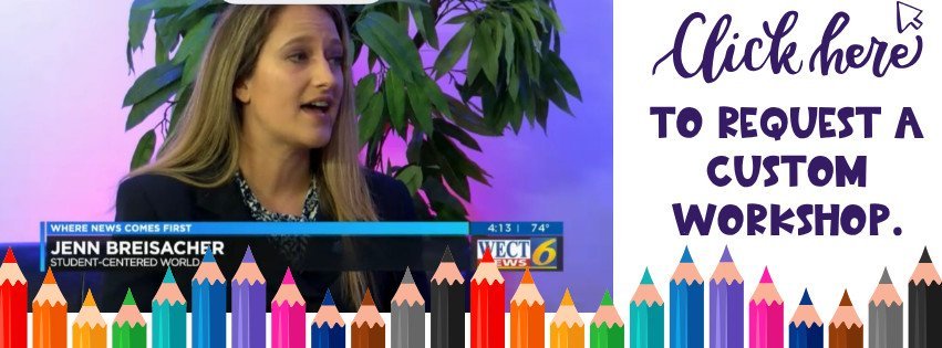 A woman speaks during a TV news interview; her name, Jenn Breisacher, is shown onscreen. To the right, text reads Click here to request a custom workshop above a row of colorful pencils.