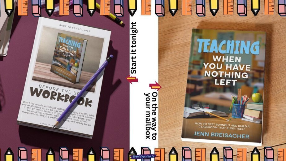 Two images of the book “Teaching When You Have Nothing Left” by Jenn Breisacher, shown on desks with pencils and text saying “Start it tonight” and “On the way to your mailbox.” Decorative pencil border surrounds the images.
