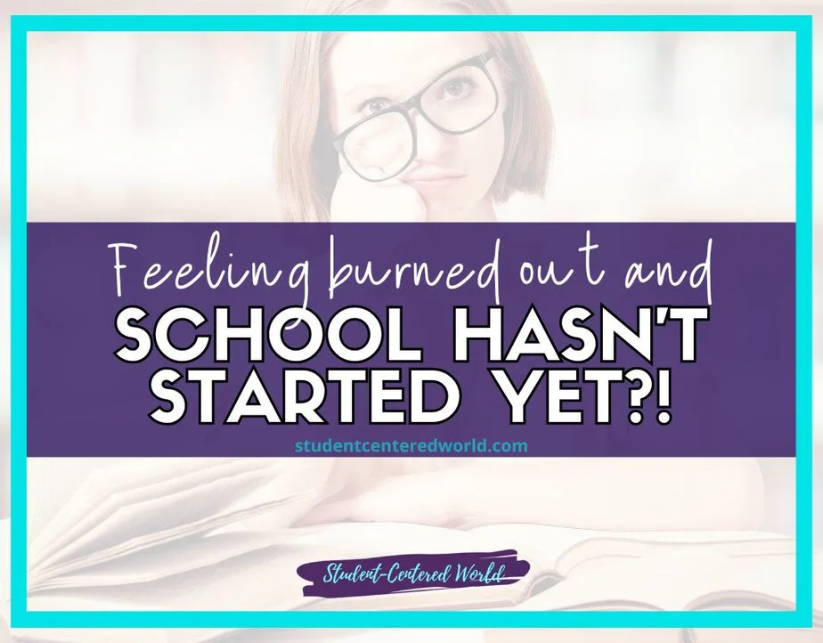A woman with glasses looks tired behind open books. Text overlay reads: Feeling burned out and school hasnt started yet?!.