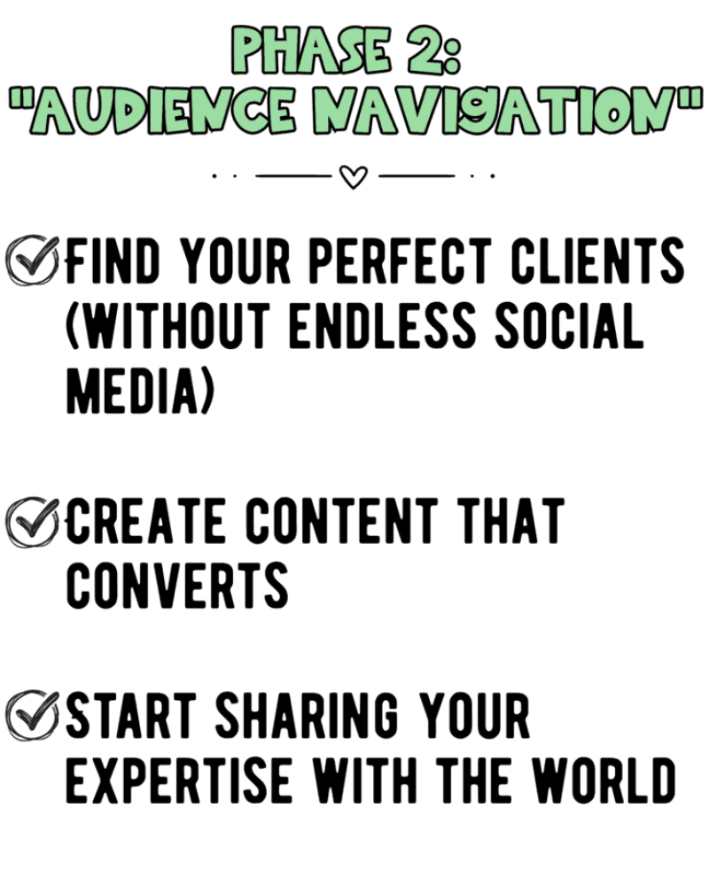 Text graphic titled “Phase 2: Audience Navigation” with three checklist points: find your perfect clients (without endless social media), create content that converts, and start sharing your expertise with the world.
