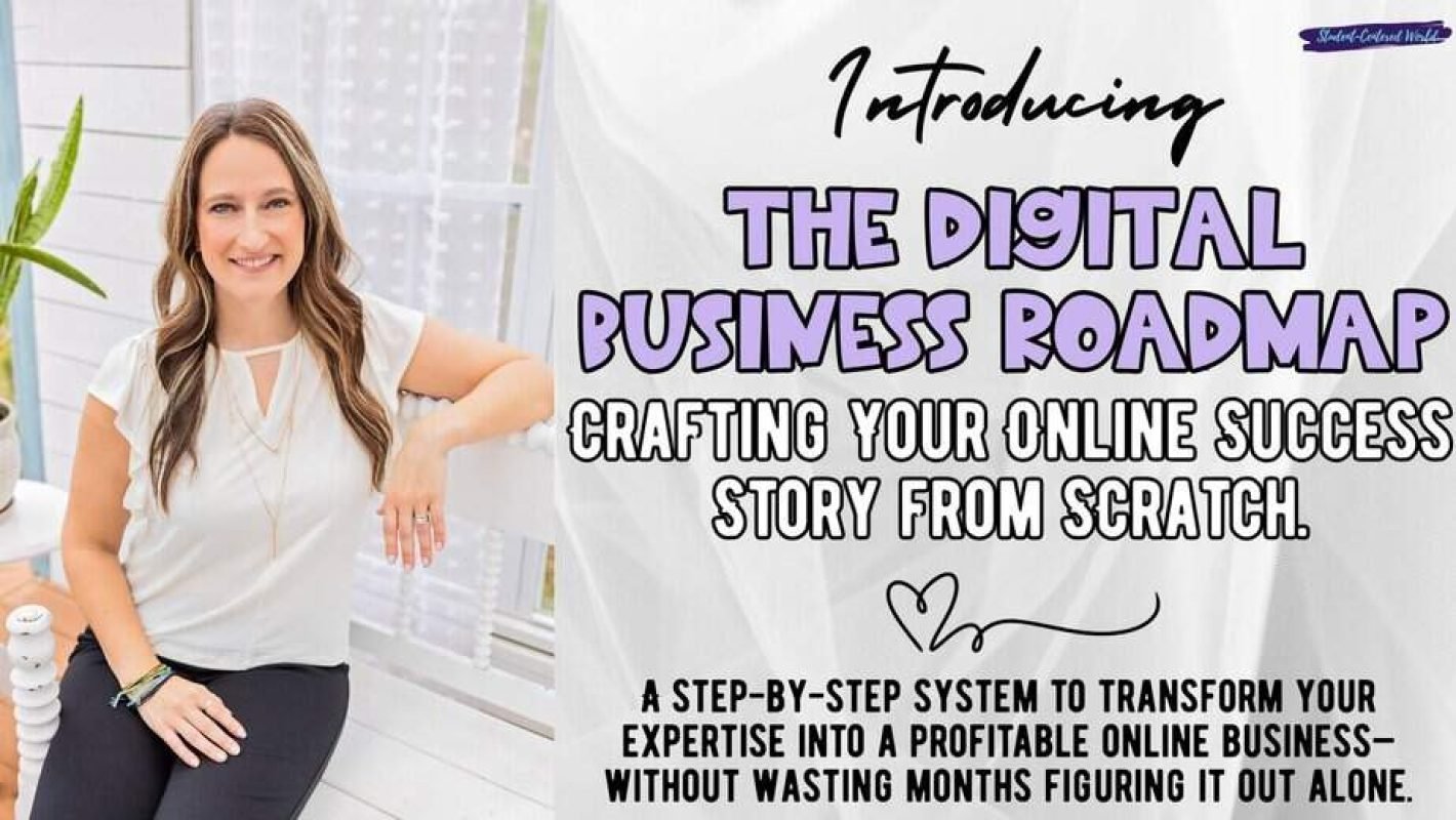 A smiling woman sits on a bench next to text promoting The Digital Business Roadmap, a program to help transform expertise into a profitable online business with a step-by-step system.