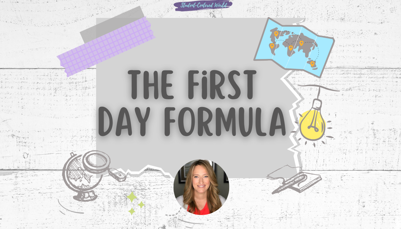 A presentation slide titled The First Day Formula features playful graphics including a map with location pins, a globe, a pencil, a lightbulb, and a photo of a smiling woman at the bottom center.