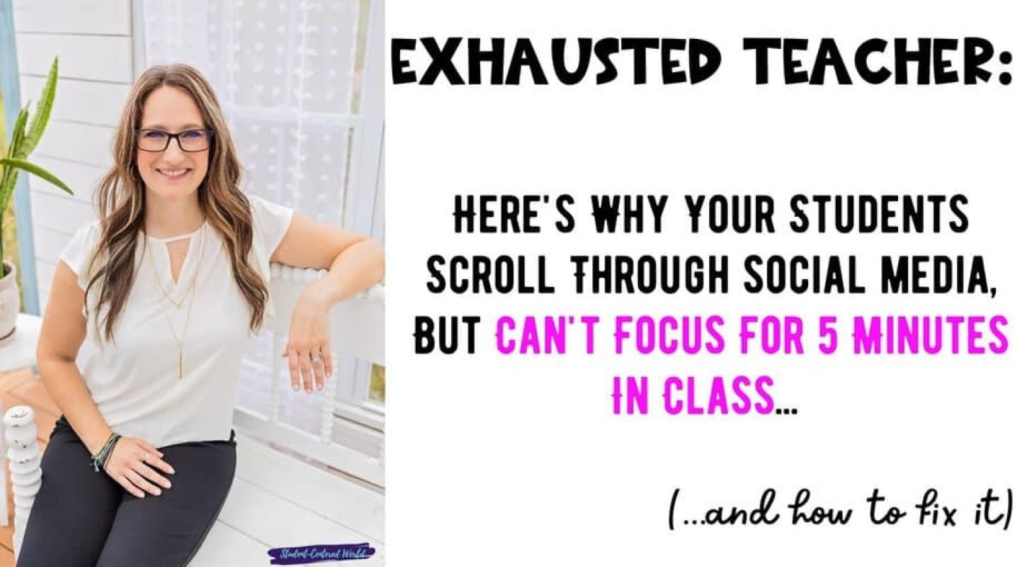A smiling woman with long brown hair and glasses sits on a chair beside a window. Text reads: “Exhausted teacher: Here’s why your students scroll through social media, but can’t focus for 5 minutes in class... (and how to fix it).”.