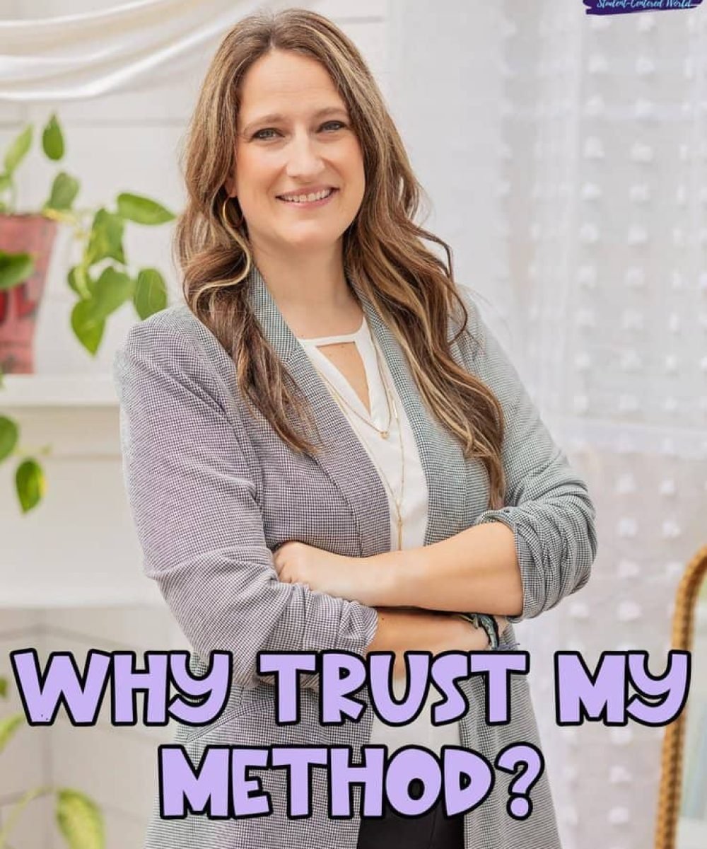 A woman with long brown hair stands smiling with arms crossed. She is wearing a blazer and blouse. Purple text at the bottom reads “WHY TRUST MY METHOD?” White curtains and green plants are in the background.