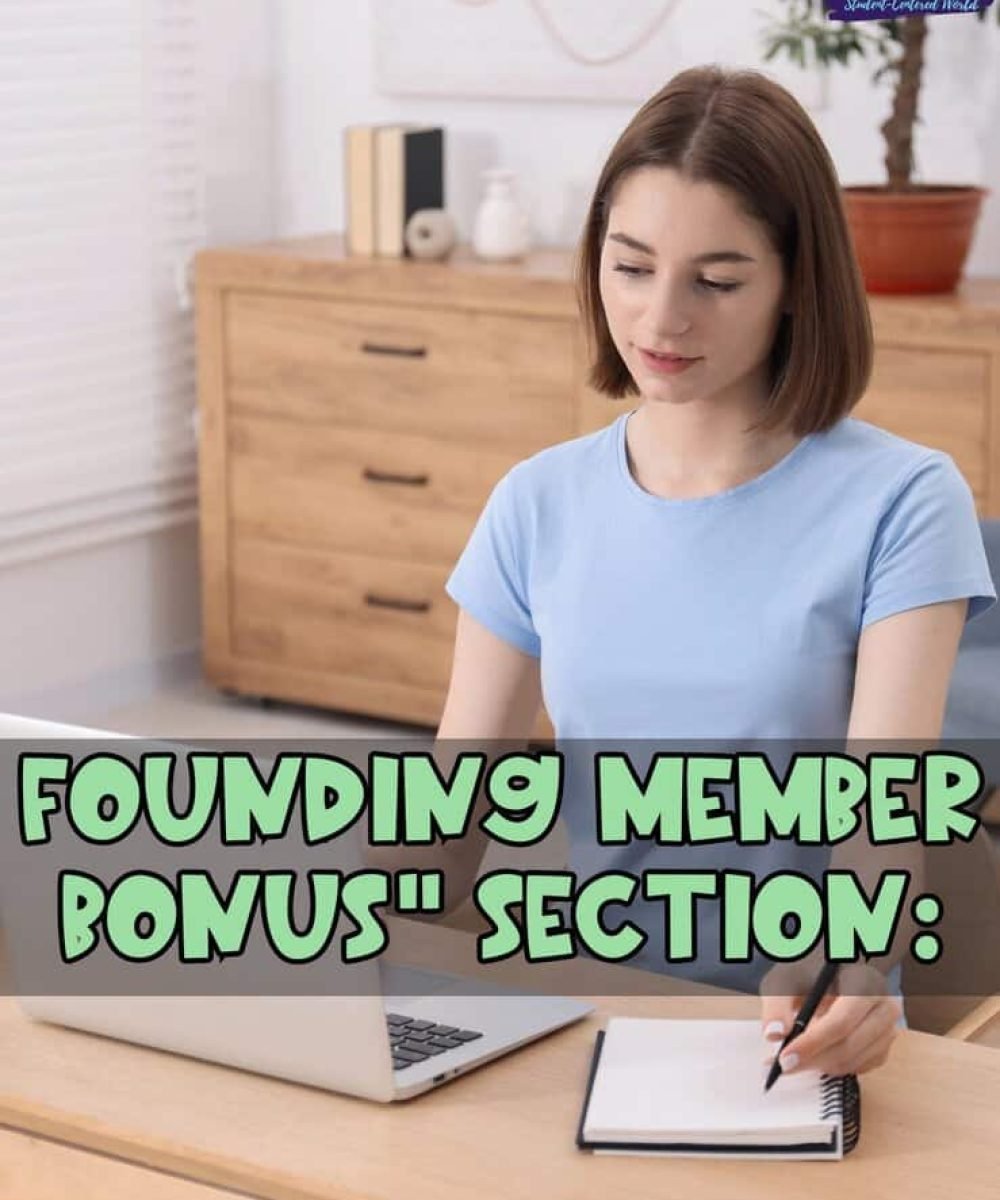 A woman sits at a desk with a laptop and notebook, holding a pen and looking at the screen. Large text on the image reads, FOUNDING MEMBER BONUS SECTION:.